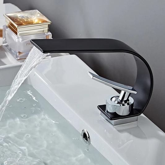 Robinet lavabo salle de bain plat incurvé en laiton et acier inoxydable